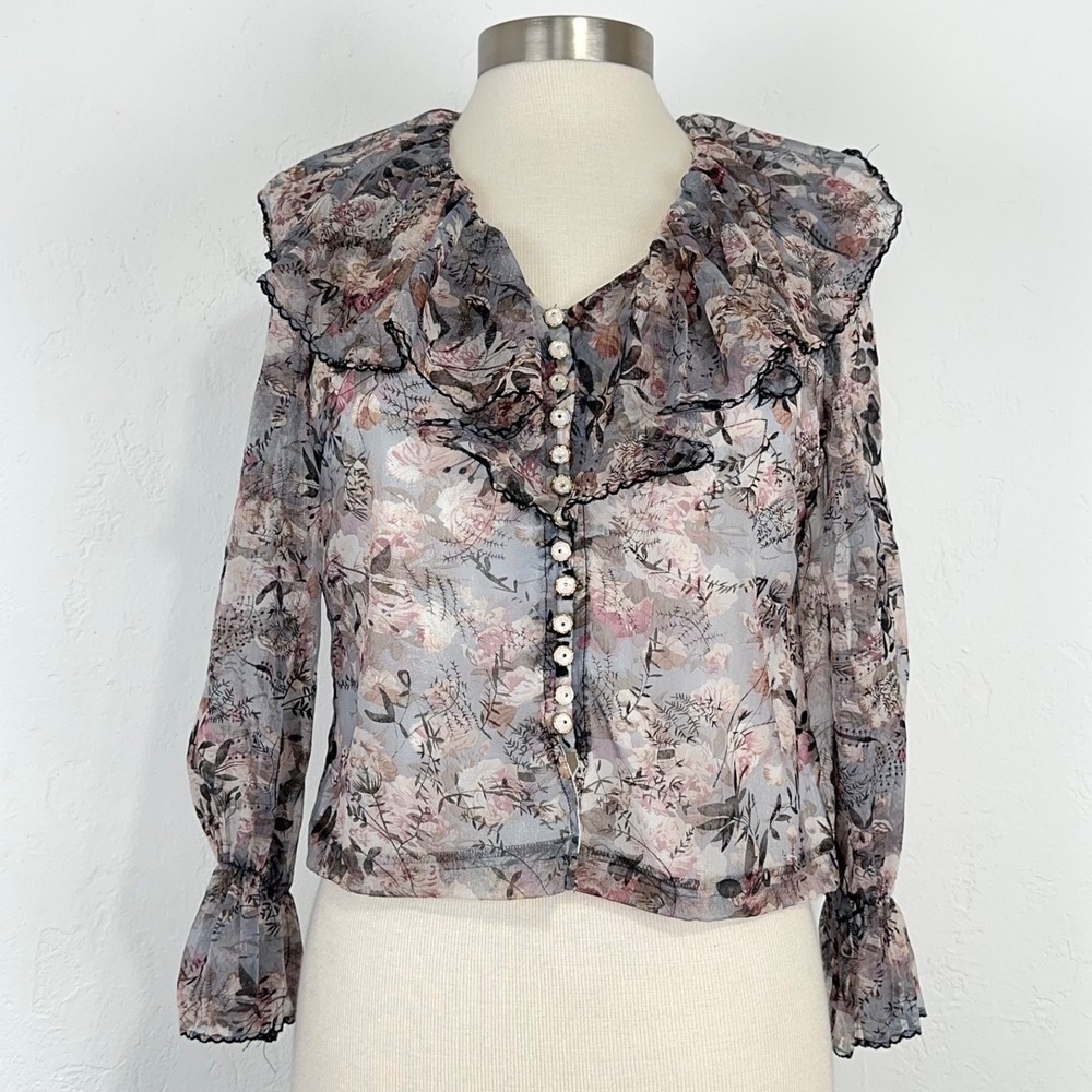 Women Victorian Romantic Top Size Small Floral Print Ruffle Sheer Button Chiffon
